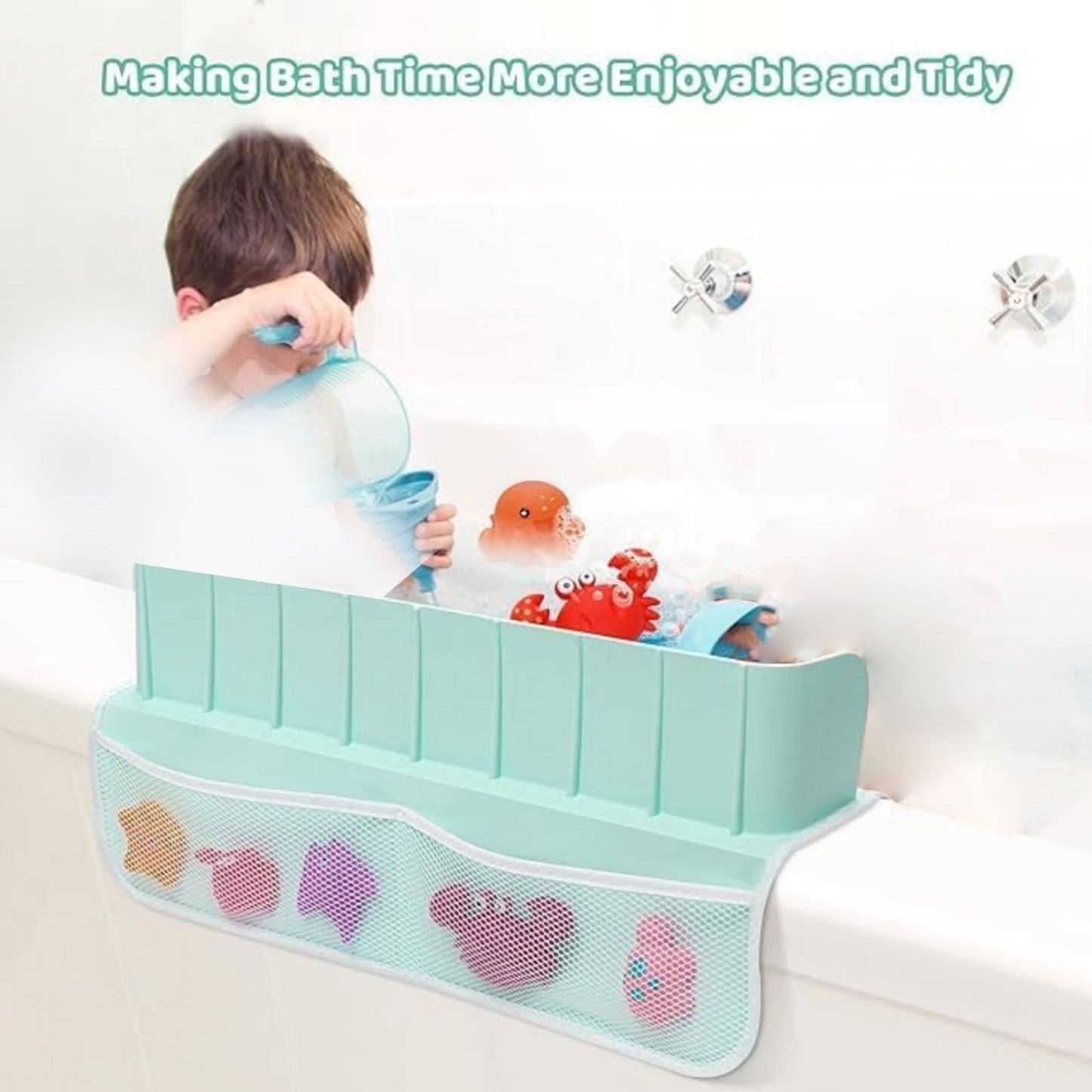 YIOBUDE Splash Guard for Bathtub,21.7'' Silicone Bathtub Splash Guard, Bathtub Splash Guard with 4 Mesh Storage Organizer,with 8 Suction Cups Topper Splash Guard (Green)