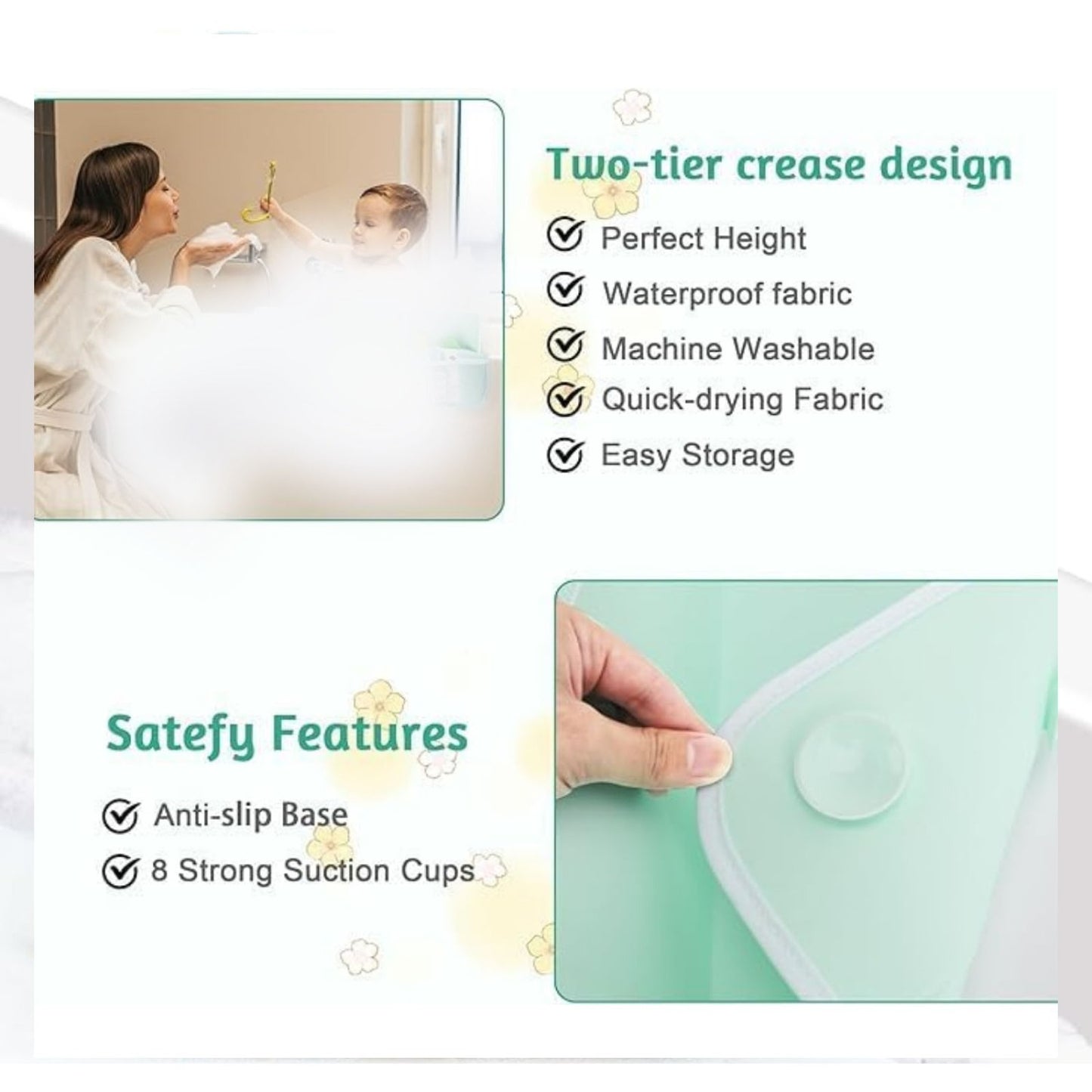 YIOBUDE Splash Guard for Bathtub,21.7'' Silicone Bathtub Splash Guard, Bathtub Splash Guard with 4 Mesh Storage Organizer,with 8 Suction Cups Topper Splash Guard (Green)