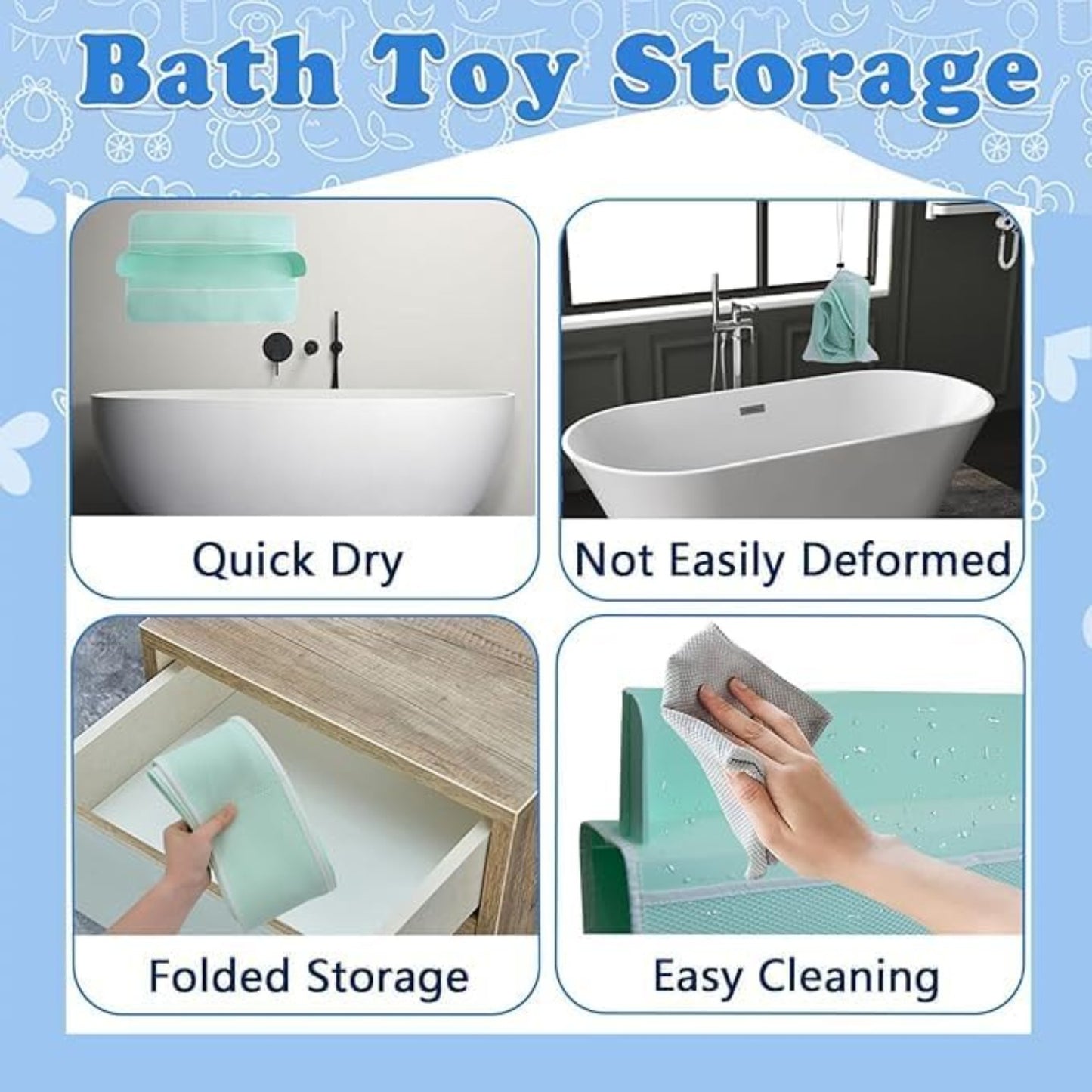 YIOBUDE Splash Guard for Bathtub,21.7'' Silicone Bathtub Splash Guard, Bathtub Splash Guard with 4 Mesh Storage Organizer,with 8 Suction Cups Topper Splash Guard (Green)