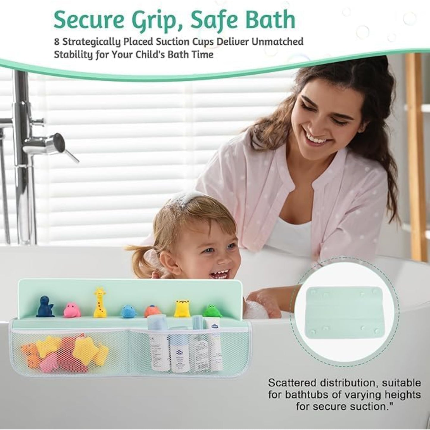 YIOBUDE Splash Guard for Bathtub,21.7'' Silicone Bathtub Splash Guard, Bathtub Splash Guard with 4 Mesh Storage Organizer,with 8 Suction Cups Topper Splash Guard (Green)