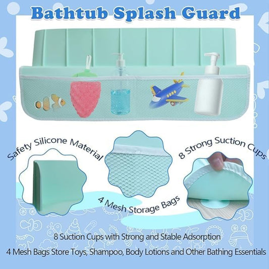 YIOBUDE Splash Guard for Bathtub,21.7'' Silicone Bathtub Splash Guard, Bathtub Splash Guard with 4 Mesh Storage Organizer,with 8 Suction Cups Topper Splash Guard (Green)