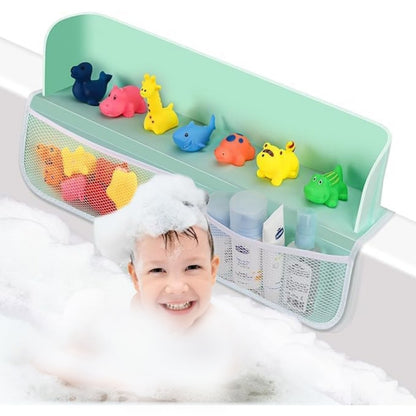 YIOBUDE Splash Guard for Bathtub,21.7'' Silicone Bathtub Splash Guard, Bathtub Splash Guard with 4 Mesh Storage Organizer,with 8 Suction Cups Topper Splash Guard (Green)